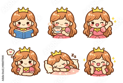Cute cartoon princess with crown displaying emotions and actions