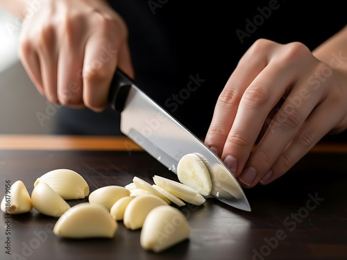 Close-up of Garlic Slices Being Prepared for Culinary Creation