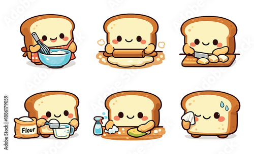 Cute cartoon bread characters baking and cleaning in adorable kitchen scenes