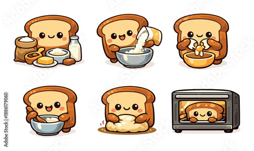 Cute bread character baking process with adorable expressions