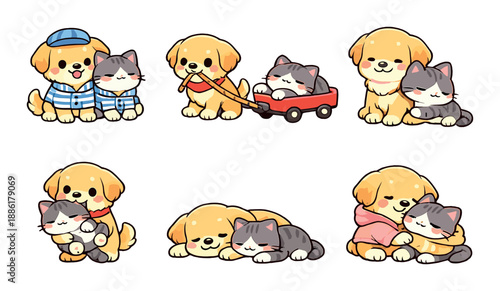 Adorable cartoon puppy and kitten duo in various cute scenarios