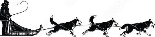 Silhouette of a person riding a dog sled pulled by four dogs, showcasing Arctic travel, teamwork, and winter adventure.