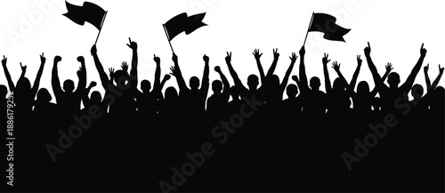 Silhouette of cheering crowd with raised hands and waving flags in black vector design symbolizing unity, protest, or celebration