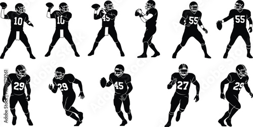 American football player silhouettes set showing quarterback throwing and running actions sport vector illustration isolated on white background