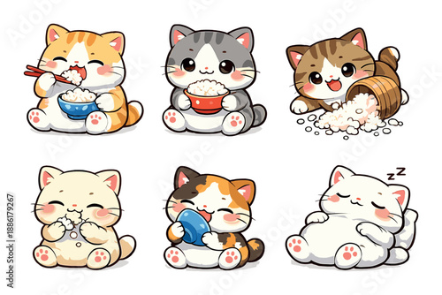 Adorable cartoon cats enjoying rice in cute poses