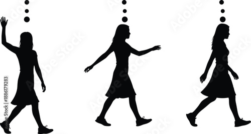 Silhouettes of a walking person in sequential poses with thought dots, expressing motion, narrative, and emotional progression.
