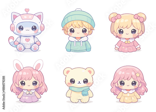 Adorable kawaii characters with cute outfits and accessories