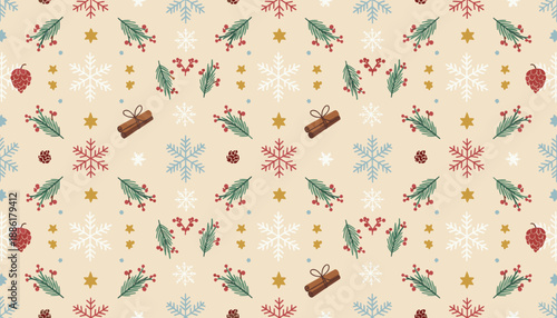 Cozy seamless Christmas pattern with snowflakes pine berries and cinnamon on textured beige