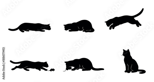 Silhouettes of cats in various poses on striped background