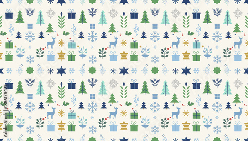 Seamless Nordic winter holiday pattern with trees reindeer snowflakes and gifts Festive background