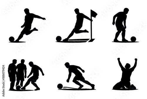 Silhouettes of soccer players performing various actions in motion