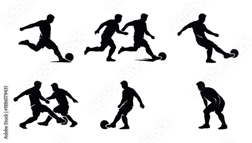 Silhouettes of soccer players in action on dark background
