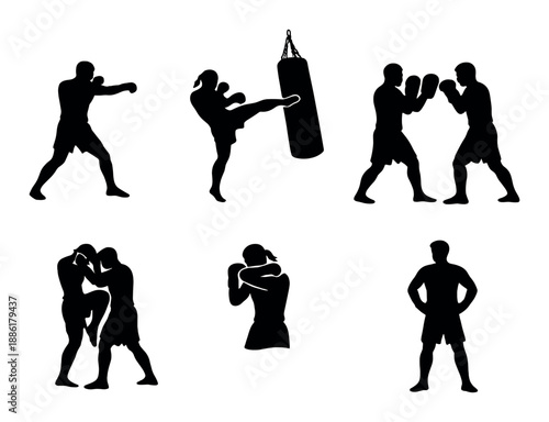 Boxing and martial arts silhouettes: dynamic poses and techniques