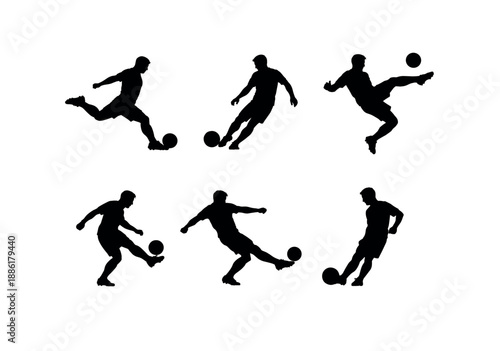 Silhouettes of male soccer players in action poses with football