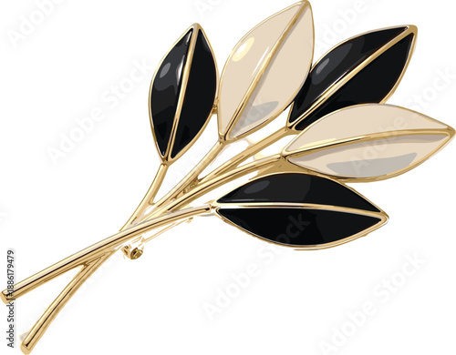 Stylized leaf brooch with gold base, black and cream enamel leaves in elegant fashion accessory vector illustration