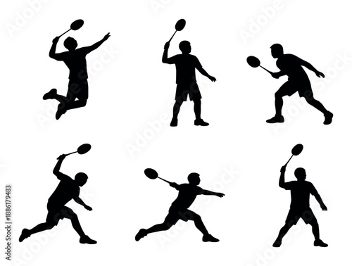 Silhouettes of six men playing badminton in various action poses