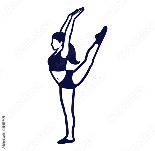 Female silhouette in active yoga pose balancing for fitness and flexibility training