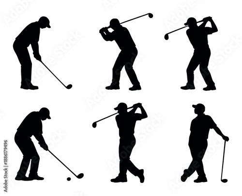 Silhouette of male golfer in various swing poses