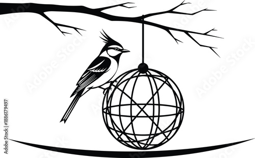 Surreal bird perched on geometric sphere hanging from bare tree branch in black-and-white silhouette vector illustration