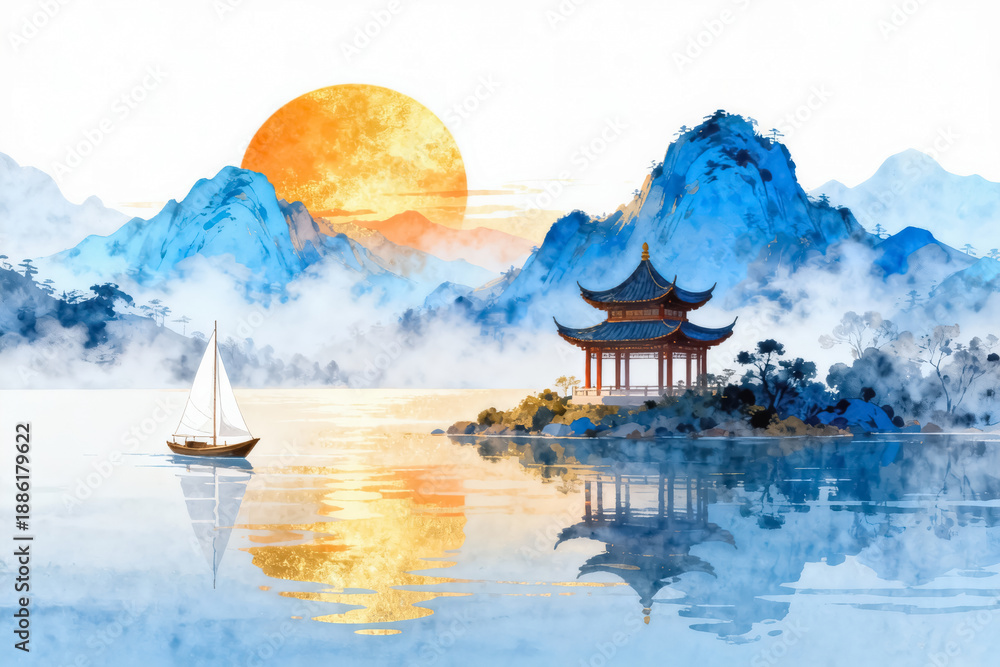 Obraz premium Traditional Chinese Ink Wash Painting of Lake and Pagoda