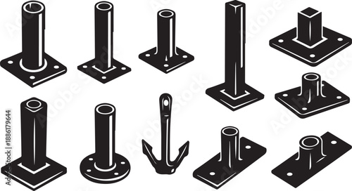 Industrial metal bolts and anchor icon set in black