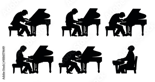 Silhouette of male pianists in various playing poses
