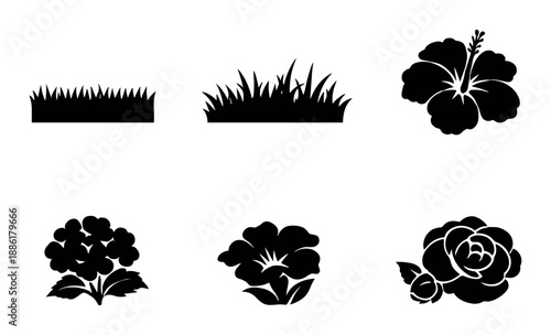 Silhouetted garden flora: grass, hibiscus, rose, petals highlighted in dark tones