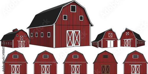 Vector illustration of ten red barns with white trim, showcasing diverse architectural styles, roof shapes, and door-window configurations