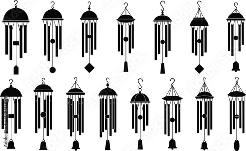 Wind Chime Silhouette Collection – Decorative Hanging Designs Featuring Tubes, Bells, Clappers, and Geometric Elements in Vector Style