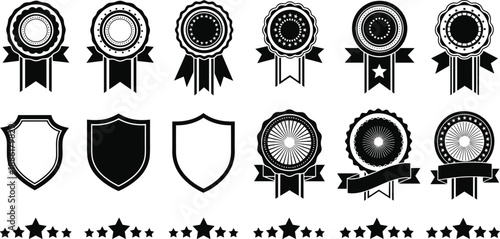 Award badge and ribbon silhouettes collection with shields stars and seals for certificate branding quality vector illustration isolated background