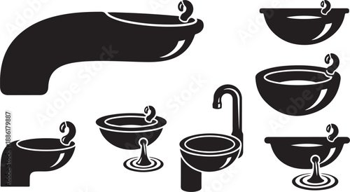 Black and white illustration of various bathroom sink designs