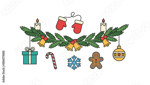 Outline Christmas icons garland candles mittens gingerbread man gifts and ornaments