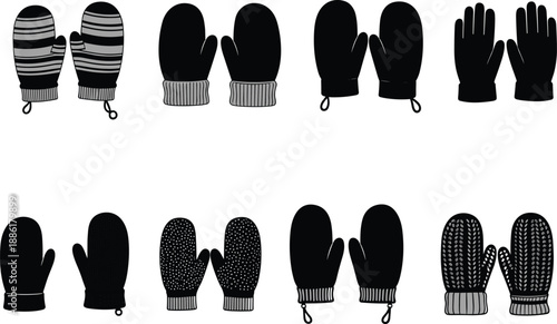 Winter gloves and mittens silhouette collection showing various knitted warm handwear styles isolated on white background for cold season use