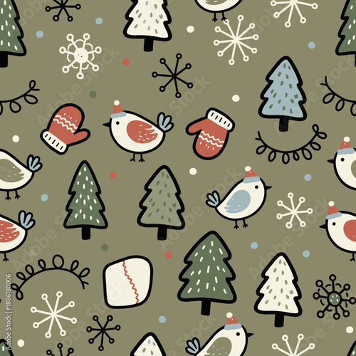 Whimsical winter holiday pattern cartoon birds trees mittens and snowflakes on a green background