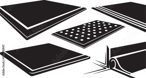 Black and white illustration of various notebooks and papers