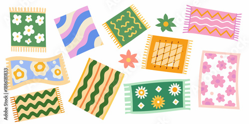 Colorful assortment of patterned rugs and floral elements on a white background