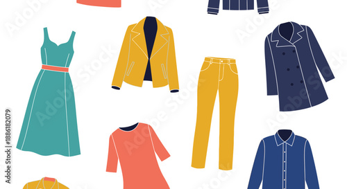 Flat lay of colorful women's clothing items on white background