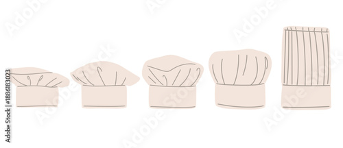 vector set of different chef hats and cooking toques in simple flat style. Perfect for restaurant branding, cooking apps, culinary education, menu design, food blogs, kitchen concepts, and hospitality