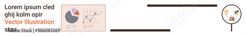 Business analysis, market research, financial planning, data visualization, performance review, economic trends. Includes pie charts, graphs and magnifying glass. Business analysis and market