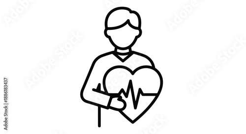 Healthcare Professional Holding Heart with Heartbeat Line in Simple Line Art Style with Monochromatic Color Scheme on White Background for Medical Illustration