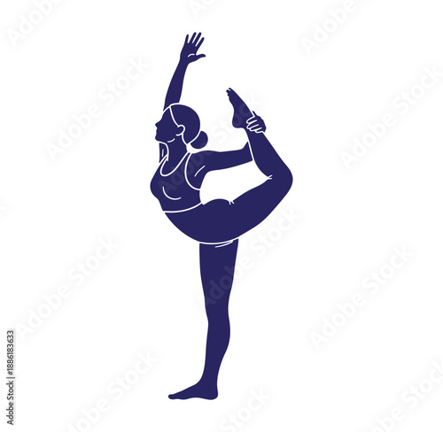 Silhouette of a woman performing yoga's natarajasana pose with elevated arm and foot