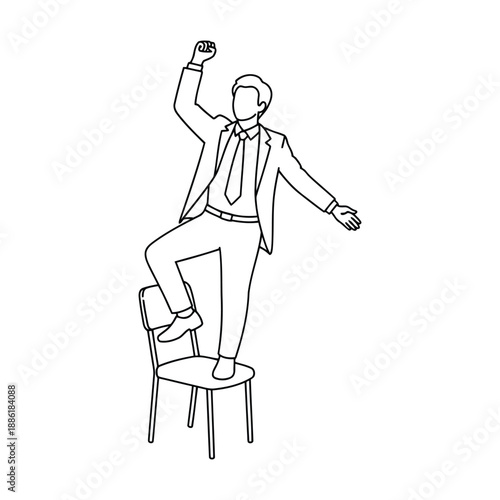 Man standing on chair with one arm raised in celebration alone vector illustration