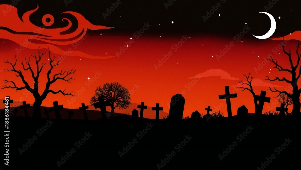 Naklejka premium Spooky halloween night cemetery scene with crescent moon and fiery red sky