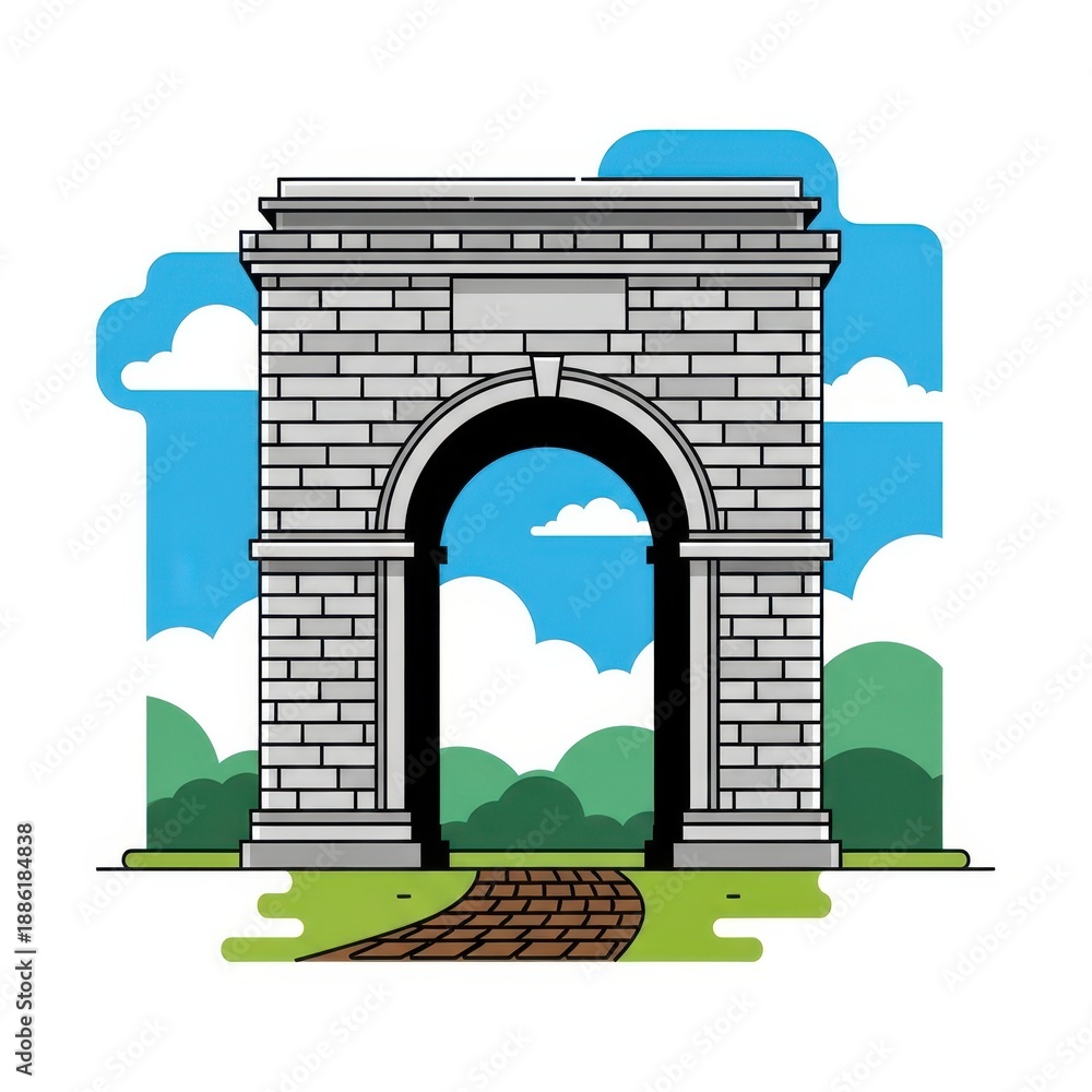 Fototapeta premium Architectural Archway Illustration with Landscape and Sky Background.