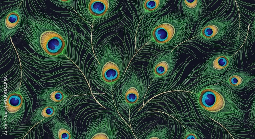 Obraz premium Vibrant Peacock Feathers Seamless Pattern - A Luxurious and Exotic Background Design