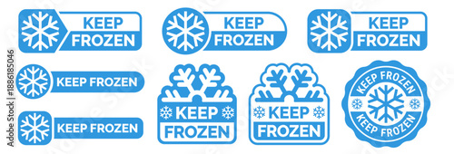 Frozen product food package label. Fresh frozen food product icon logo, badge, sticker, emblem, stamp, symbol, black, line circle, flat vector, isolated illustration. Snowflake icon.