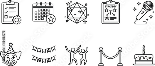 Event Planning and Celebration Icon Set with Birthday Cake Microphone Clown Calendar Strategy Checklist Party Decorations and Professional Entertainment Service Symbols