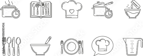 Kitchen Cooking Line Icons Set Featuring Chef Hat, Restaurant Tools, Cutlery, Whisk, Pot, Pan, Spatula, Food Service, Cooking Time, and Gourmet Concept