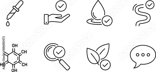 Laboratory Testing and Quality Control Line Icon Set Featuring Pipette Dropper, Chemical Formula, Verification Checkmarks, Organic Research, and Communication Symbols