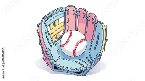 Baseball Glove with Ball, Sports Equipment, Catching Gear, Pastel Colors, Vector Illustration